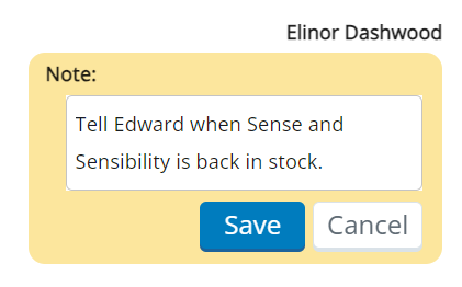 メモとラベルの付いた黄色いボックスには、テキストボックスおよび保存とキャンセルのボタンがあります。その上には、メモを書いたエージェントの名前が表示されます。