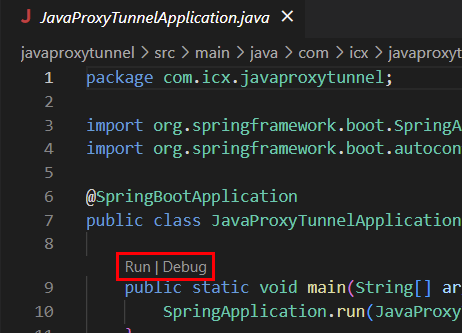 VSコードエディターでメイン関数の上に実行｜デバッグのオプションが表示されているJavaプロキシトンネルのコード： public static voice main (String[] args)。