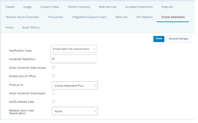 CXone Attendantがボイスメールメッセージを自動的に削除する前に保存する日数を入力することのできる、ボイスメール保存期間のフィールド。