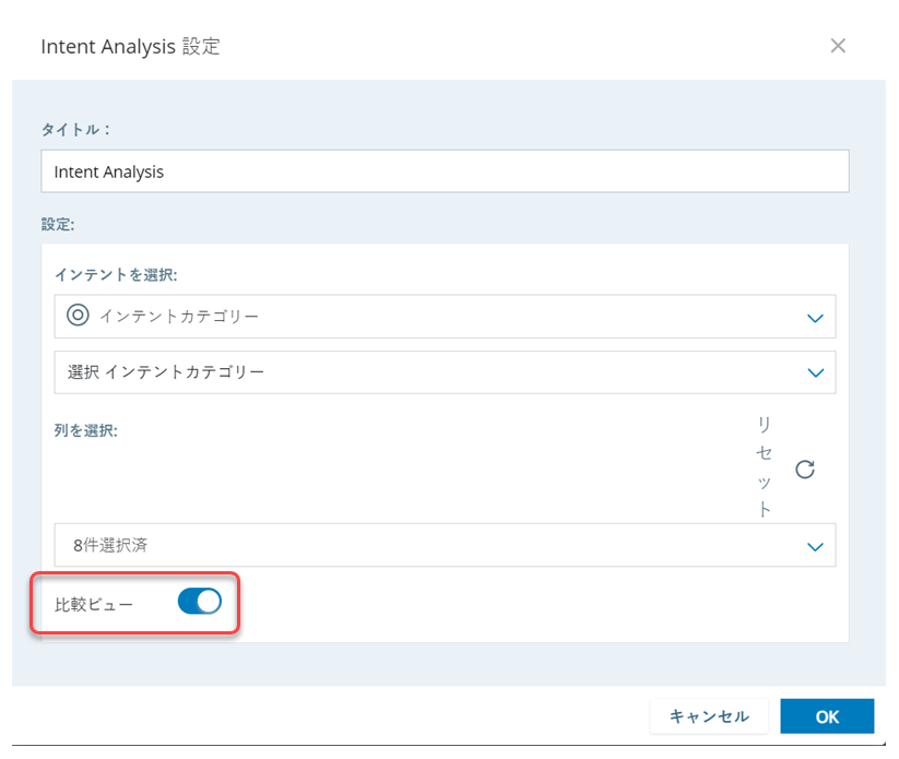 インテント分析トウィジェットの設定ウィンドウ。 比較ビューがオンになっている(赤線で囲んだ部分)。