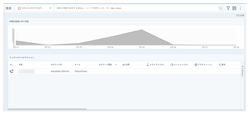 検索ページの検索バー、インタラクションの時系列グラフ、フィルタオプション、一致したインタラクションのテーブル