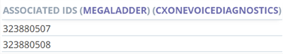 関連するコンタクトID番号を表示する、関連IDテーブル。MegaladderとCXone Voice Diagnosticsのクリック可能なオプションも表示されます。