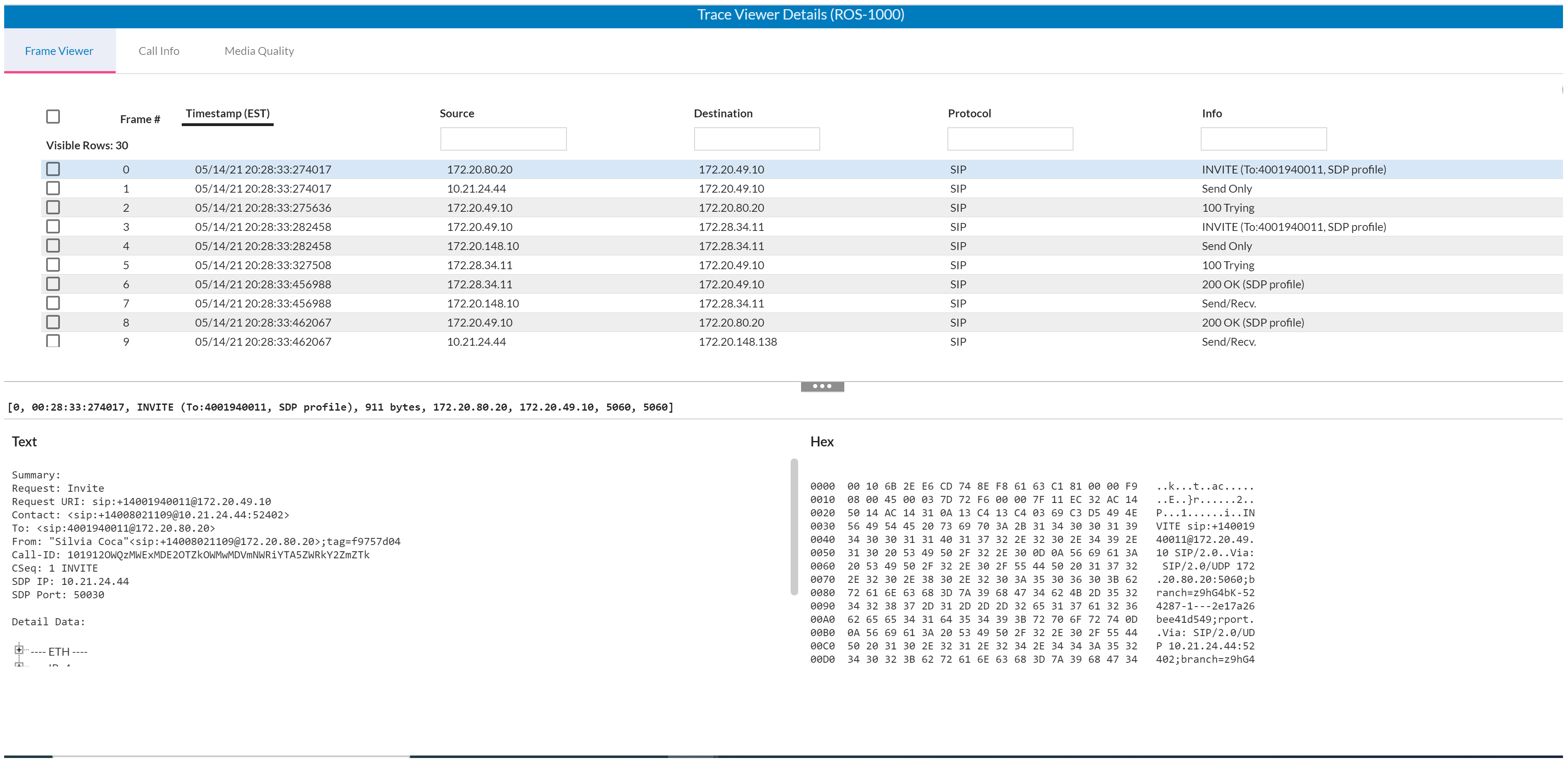 CXone Voice Diagnosticsのフレームビューアータブのスクリーンショット