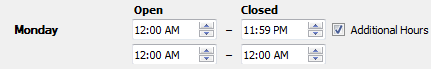 The Additional Hours selection options showing Open and Closed hours from 12:00 AM to 11:59 PM and 12:00 AM to 12:00 AM.