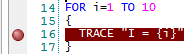 Image showing the red sphere and highlighted red line of code of a breakpoint.