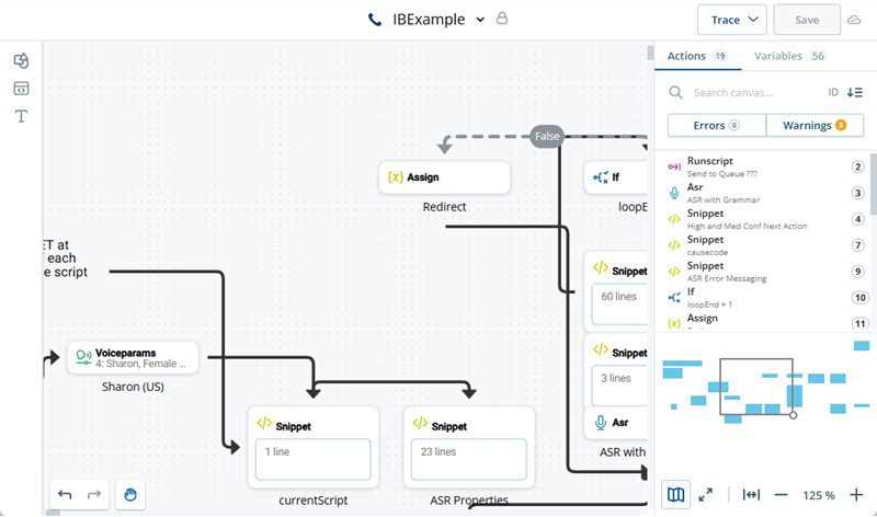 왼쪽 메뉴 아이콘과 오른쪽 속성 창이 표시된 스크립트 캔버스입니다.