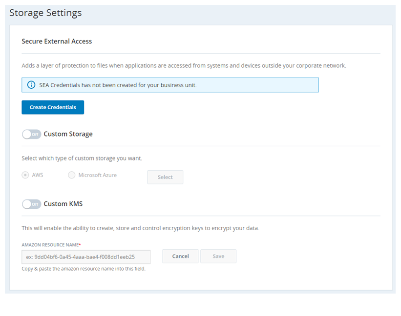보안 외부 액세스(SEA) 자격 증명을 설정할 수 있는 스토리지 설정 페이지 스크린샷.