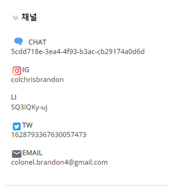채널 섹션이 확장되어 Facebook, 이메일, Instagram, 채팅 및 SMS에 대한 컨택 정보를 표시합니다.