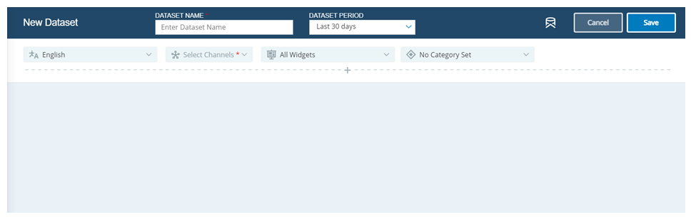 새 데이터세트 페이지. 데이터세트 이름, 기간, 언어, 채널, 위젯 및 카테고리 세트에 대한 필드. 취소 및 저장 버튼.