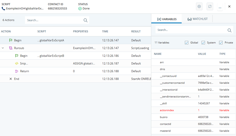 추적의 1단계. 스크립트는 ANI, DNIS, busNO, contactID, masterId의 사전 정의된 변수를 포함합니다. 모두 전역 변수가 아닙니다.