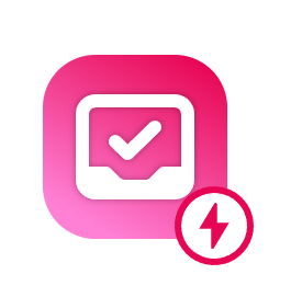 Pink square with checkmark and lightning bolt in a circle.