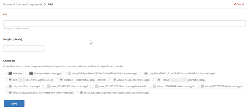 Pagina Aangepaste frontend-componenten met velden voor het invoeren van de URL en een pixelhoogte, en voor het selecteren van kanalen voor de berichtsjabloon