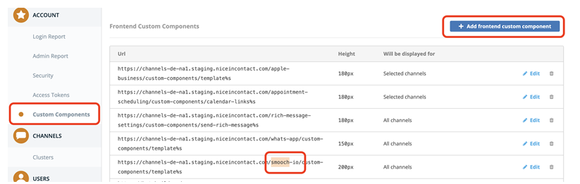 Een lijst met aangepaste componenten. Een component met smooch in de URL, met rood contour.