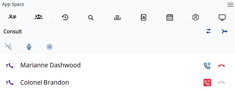 De Multi-party-ruimte wordt geopend in de App-ruimte. Beide contacten worden in een overleg weergegeven, met opties om ze te verbergen, dempen en op te nemen.