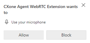 Er verschijnt een pop-upvenster met de vraag of Agent WebRTC Extension uw microfoon mag gebruiken. Op de knoppen staat Toestaan en Blokkeren.