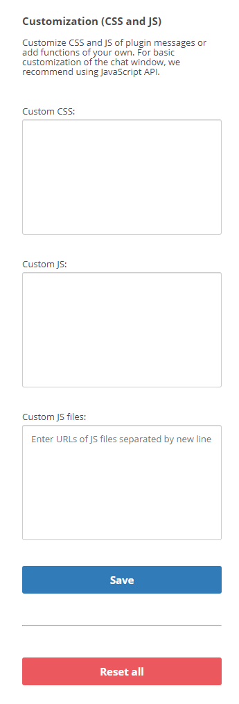 Schermafbeelding van de velden waar u CSS en JS kunt invoeren om uw chatwidget aan te passen.