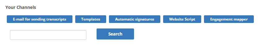 E-mailknoppen voor het verzenden van transcripties, sjablonen, automatische handtekeningen, webscripts en Engagement Mapper boven een zoekbalk