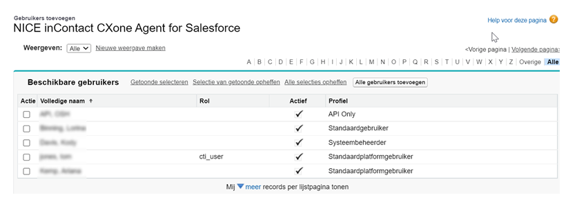 Lijst met gebruikers in Licenties beheren voor NICE inContact CXone Mpower Salesforce Agent.