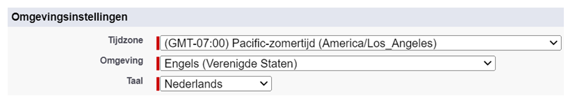 Het gedeelte Landinstellingen van de pagina Gebruikers in Salesforce.
