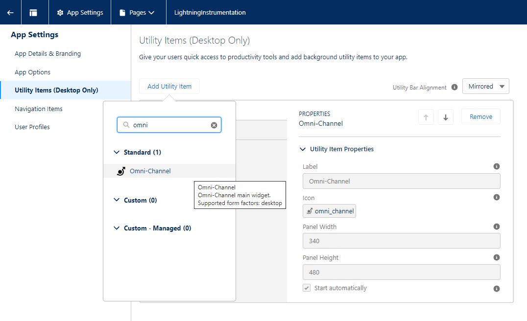 De pagina Hulpprogramma's in de Lightning App Builder. Er is op de knop Hulpprogramma geklikt en het zoekvak bevat het woord "Omni".