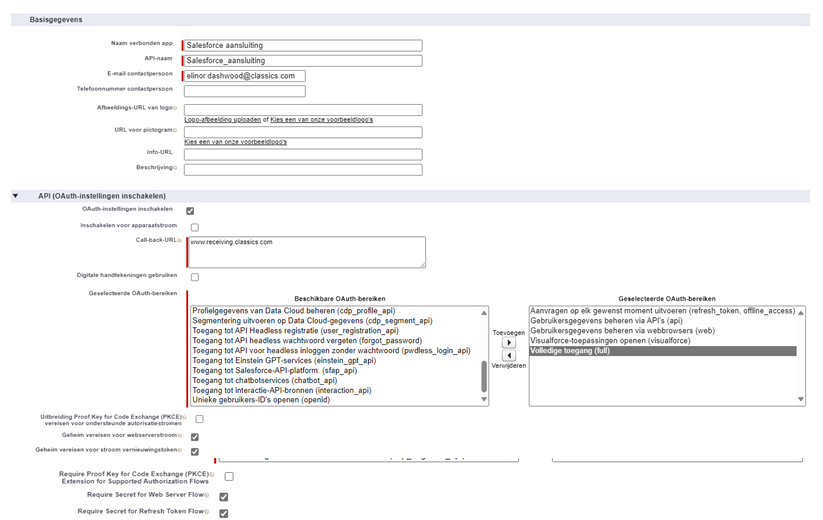 Het formulier Nieuwe verbonden app, met secties voor Basisinformatie en API (OAuth-instellingen inschakelen).