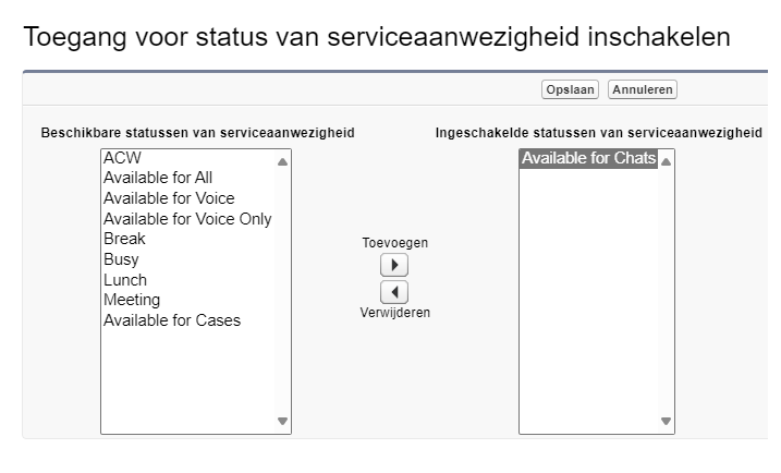 Het formulier Toegang inschakelservice aanwezigheidsstatus. Beschikbare statussen links, ingeschakelde statussen rechts. Opties in het midden iets toe te voegen en te verwijderen.