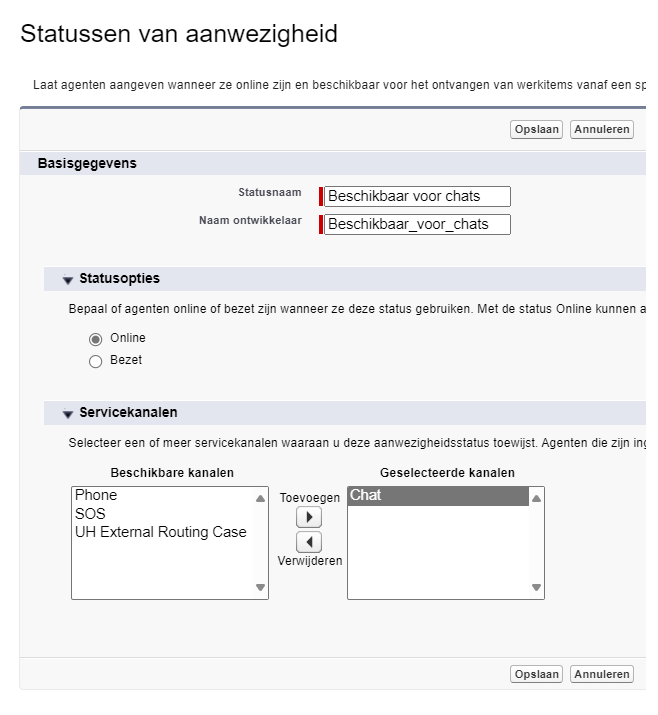 Het formulier Aanwezigheidsstatussen, met velden voor Statusnaam en Ontwikkelaarnaam en secties voor Statusopties en Servicekanalen.