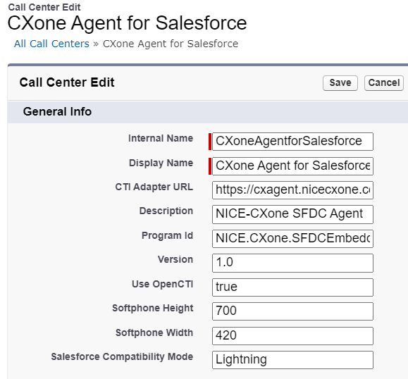 De callcenterinstellingen in Salesforce.