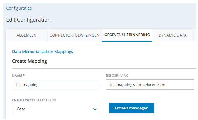 Het tabblad Gegevenstoewijzing op de pagina Configuraties in CXone, met velden voor Naam, Beschrijving en Entiteitstype selecteren, evenals een knop + Entiteit toevoegen.