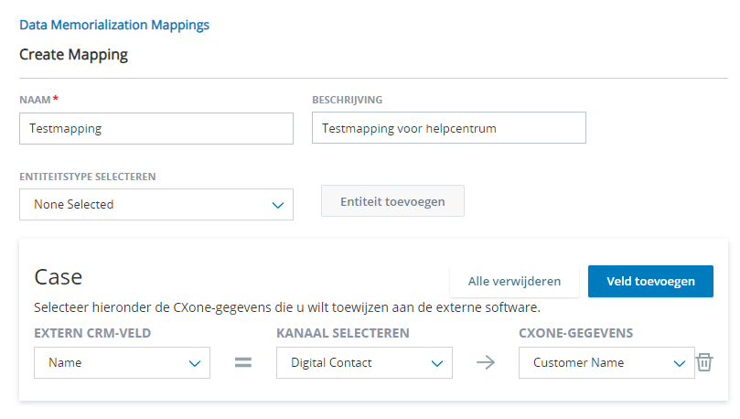 Het tabblad Gegevenstoewijzing, met een vak voor een entiteitstype Case en een entiteitstype Account. Elk vak heeft velden voor Extern CRM-systeem, Kanaal selecteren en CXone Mpower-gegevensveld.