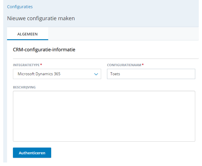 De pagina Nieuwe Integratie maken in Agentintegraties, met de velden Integratietype, Configuratienaam en Beschrijving.