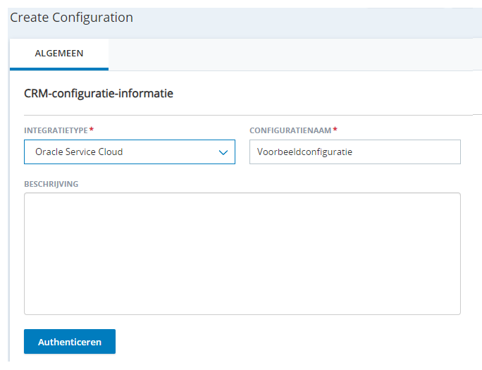 De pagina Configuratie maken in Agentintegraties, met de velden Integratietype, Configuratienaam en Beschrijving.