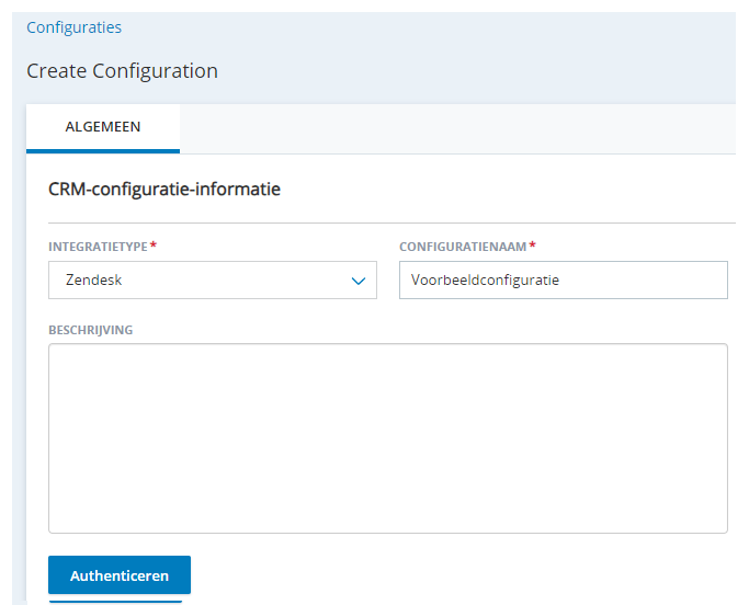 De pagina Nieuwe Integratie maken in Agentintegraties, met de velden Integratietype, Configuratienaam en Beschrijving.