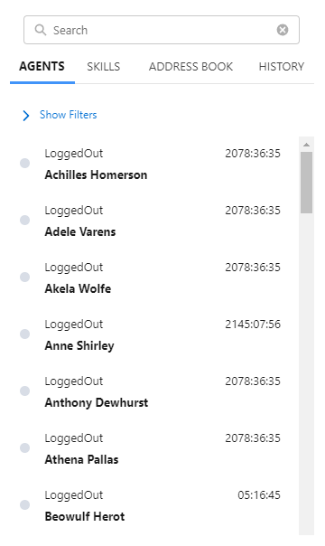 Het adresboek in Salesforce Agent, met de tabbladen Agents, Skills, Adresboek (voor klantcontacten) en Geschiedenis.