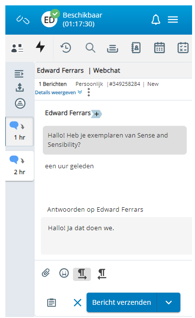 De interface van de agent-app. Actieve interacties worden links weergegeven. Het bovenste menu toont pictogrammen waarmee u kunt navigeren.