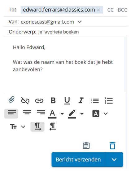 Een e-mailconcept. Met de regels Aan, Van, Onderwerp, Cc en Bcc, een tekstvak, opties voor de teksteditor en een verzendknop.