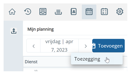 In Planning heeft de gebruiker op Toevoegen geklikt en de cursor wordt over Toezegging bewogen.