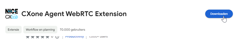 De CXone Agent WebRTC Extension in de Chrome Webstore. De cursor beweegt over Downloaden.