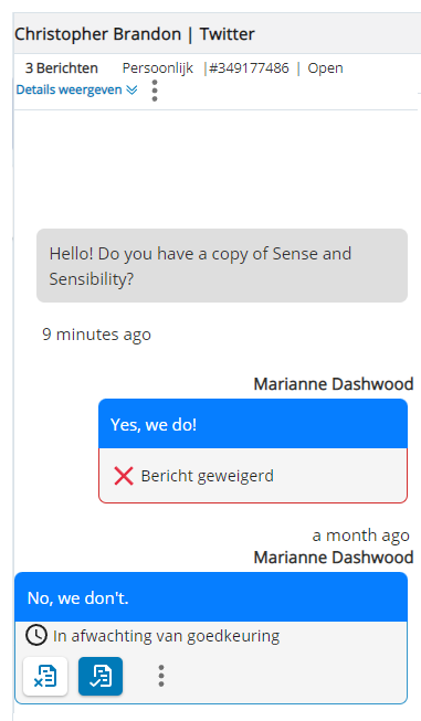 Het bericht van het contact wordt weergegeven met het voorgestelde bericht van de agent in blauw eronder. Pictogrammen voor Afwijzen, Goedkeuren en Opties worden daaronder weergegeven.