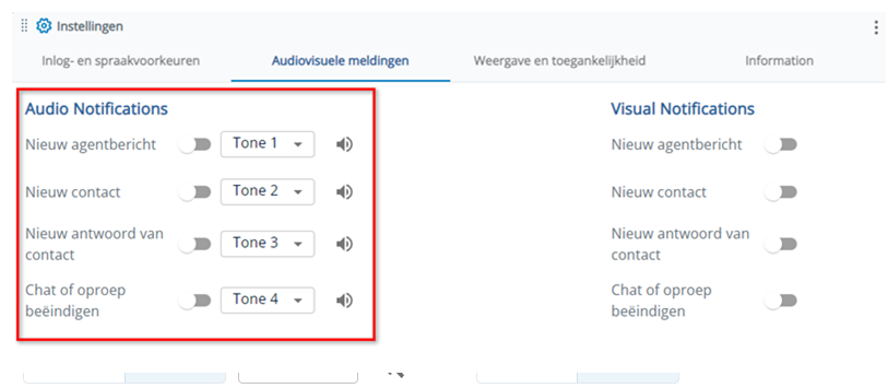 De sectie Audioberichten met opties voor Nieuw agentbericht, Nieuw contact, Nieuw antwoord van contact en Chat of oproep beëindigen.