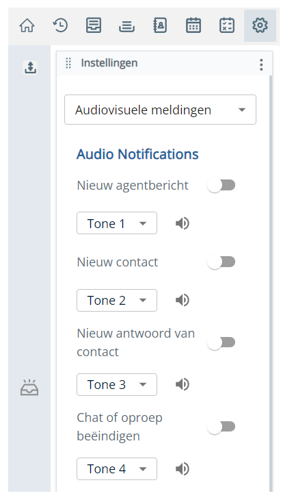 De sectie Audioberichten met opties voor Nieuw agentbericht, Nieuw contact, Nieuw antwoord van contact en Chat of oproep beëindigen.