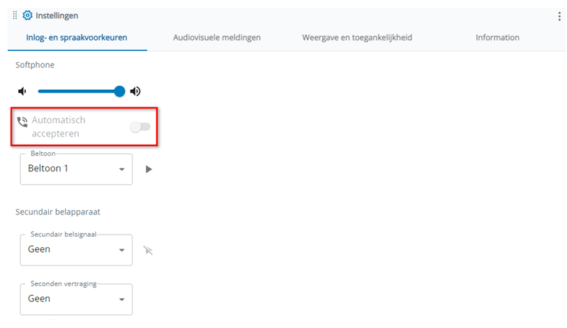 Automatisch accepteren vindt u in de sectie Softphone op het tabblad Inloggen en Voice-voorkeuren in Instellingen.