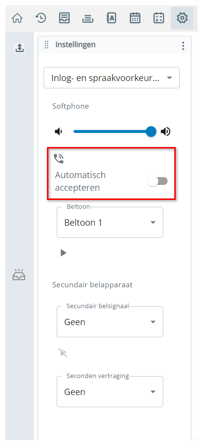 Automatisch accepteren vindt u in de sectie Softphone op de pagina Inloggen en Voice-voorkeuren in Instellingen.