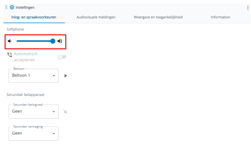 De volumeregelaar vindt u in de sectie Softphone op het tabblad Inloggen en Voice-voorkeuren in Instellingen.