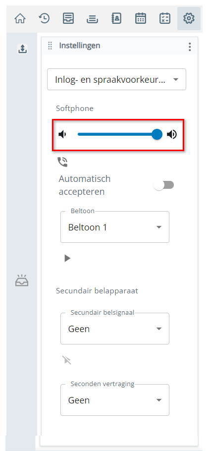 De volumeregelaar vindt u in de sectie Softphone op de pagina Inloggen en Voice-voorkeuren in Instellingen.
