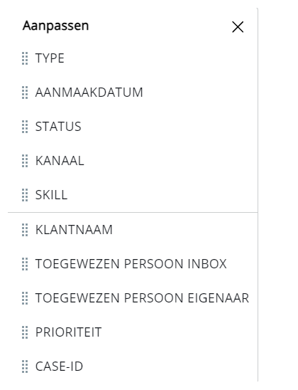 Het pop-upvenster Aanpassen geeft deze kolommen weer boven de lijn: Type, Aanmaakdatum, Status, Kanaal en Skill.