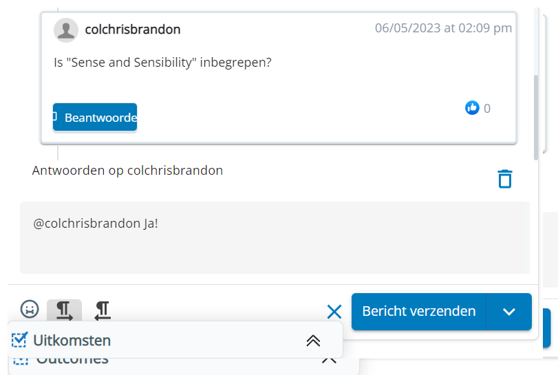 De opmerking van een contact via een sociale media-platform. Er wordt op de knop Antwoorden geklikt. De gebruikersnaam van het contact wordt vermeld in het tekstvak.