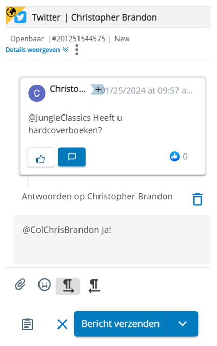 De opmerking van een contact via een sociale media-platform. Er wordt op de knop Antwoorden geklikt. De gebruikersnaam van het contact wordt vermeld in het tekstvak.