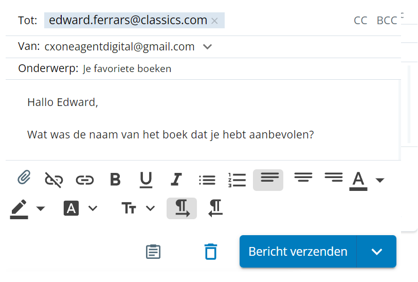 Een e-mailconcept. Met de regels Aan, Van, Onderwerp, Cc en Bcc, een tekstvak, opties voor de teksteditor en een verzendknop.