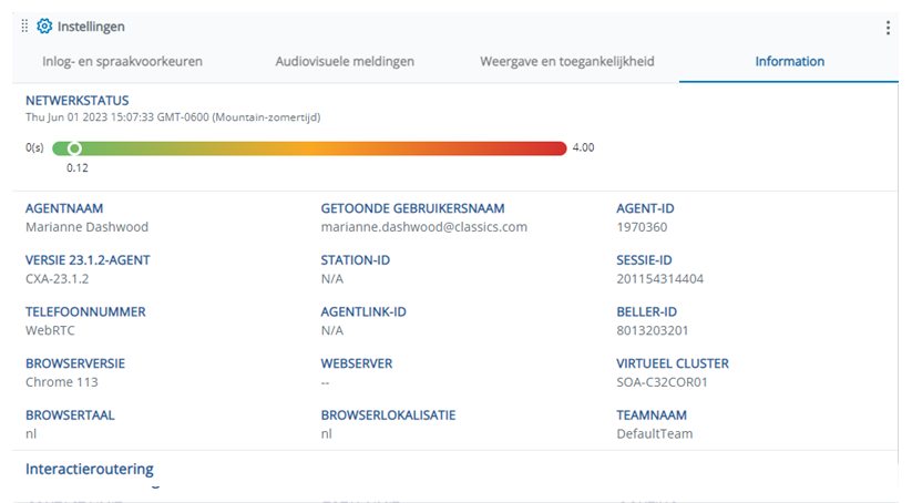 Het tabblad Informatie in Instellingen toont een netwerkstatusbalk en uw account en systeeminformatie.